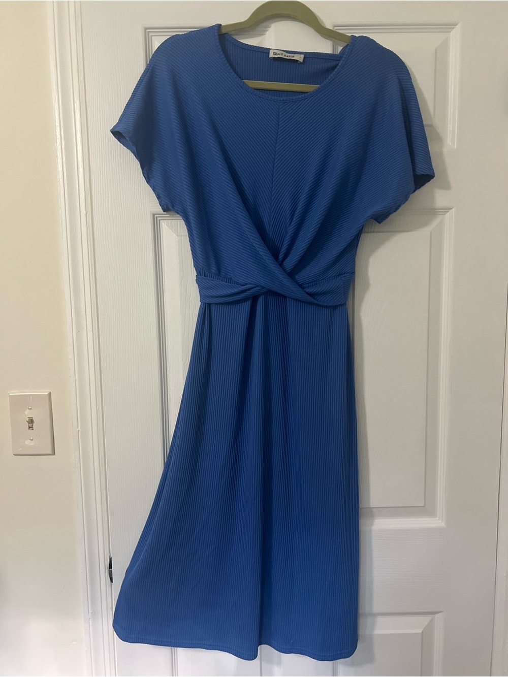 Grace Karin Women’s L Blue Solid A-Line Midi Knit Dress SS Crew Twist Stretch